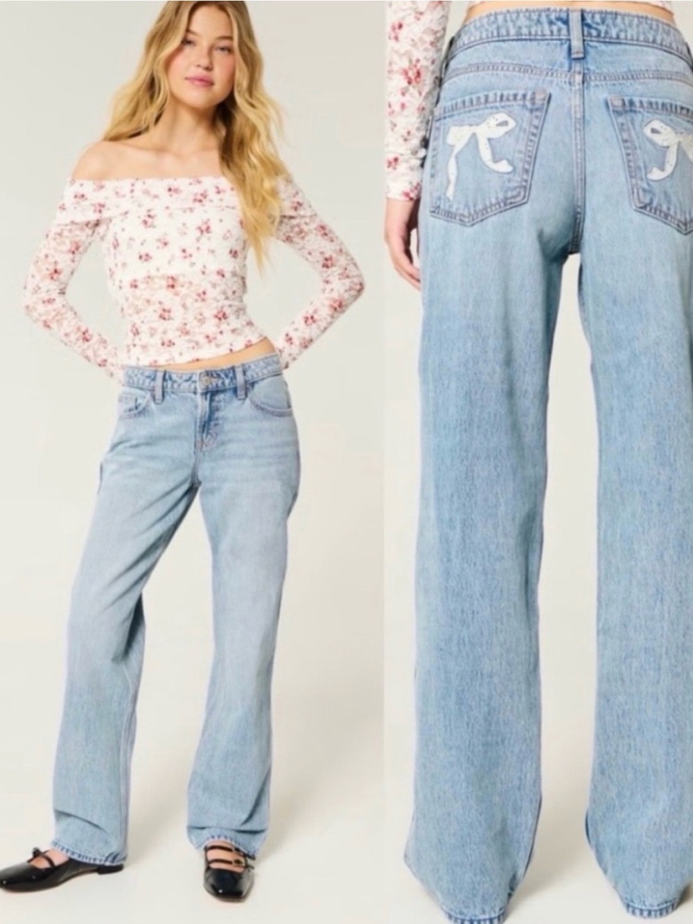 HOLLISTER Low Rise Loose Fit Bow Embroidered Jeans Short Fit